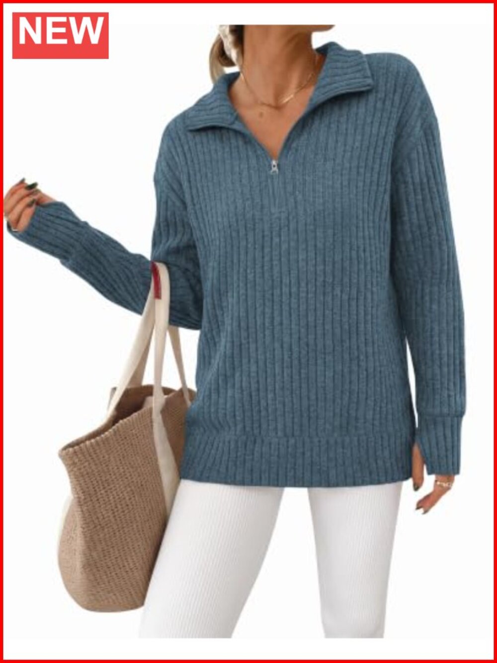 Women's Quarter Zip Pullover Long Sleeve Thumb Holes Mock Neck Sweater